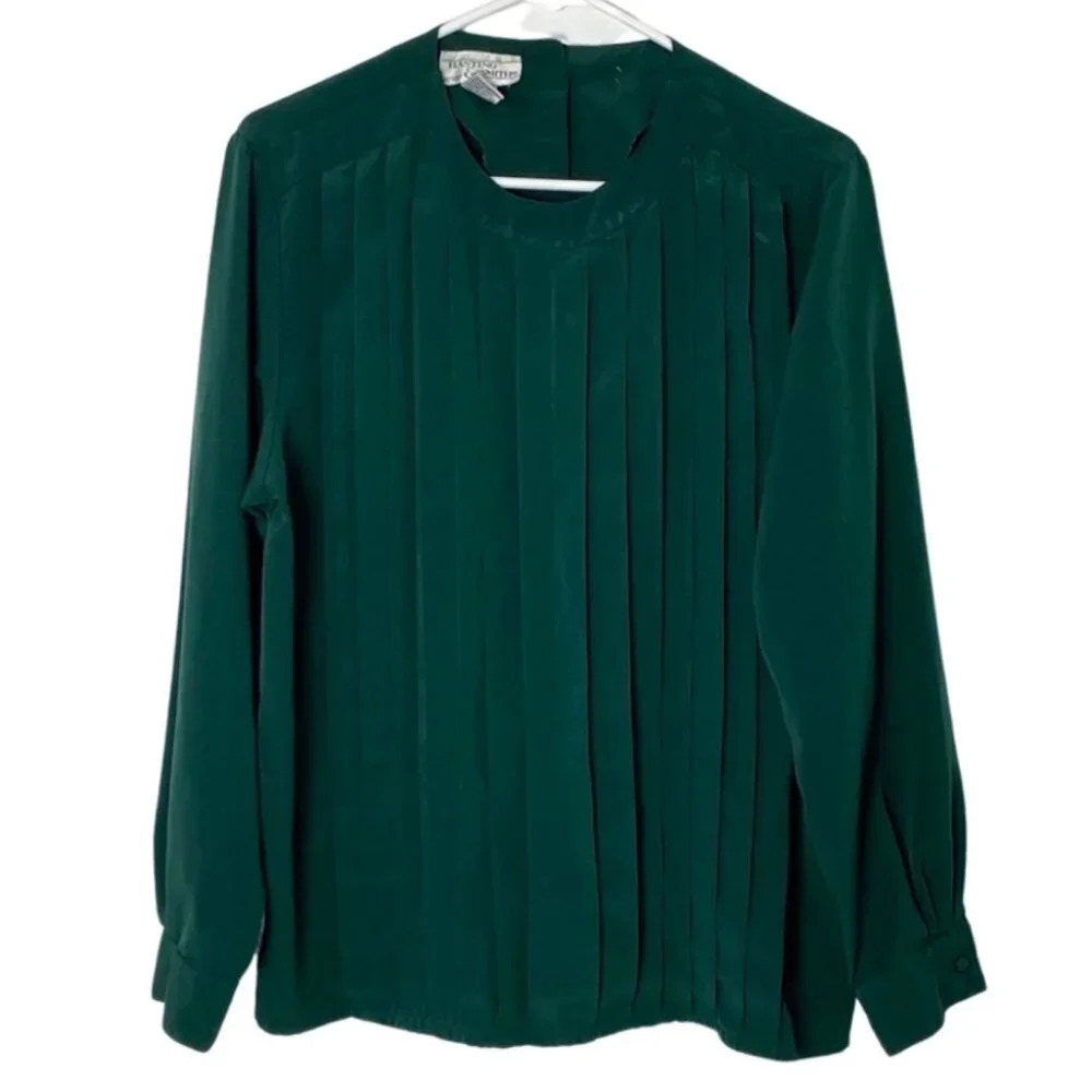 Vintage 80s Granny Pintuck Pleated Blouse Size 12 Large Hunter Green Matte Satin